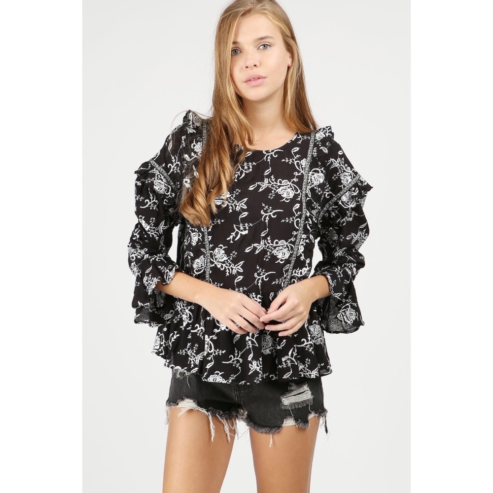 POL Black Embroidered Long Sleeve Ruffle Top - Picture 5 of 5